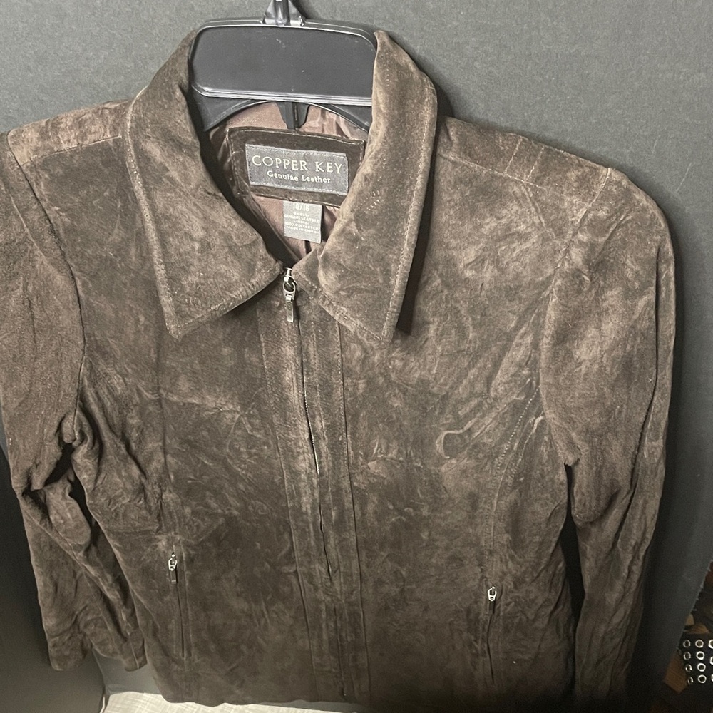 Rich chocolate brown. Copper Key Men's Dark Brown Suede Jacket